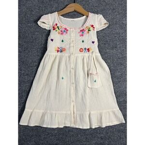 Girls size 6 cream Embriodered Peasant Dress Boho Mexican‎ Style Folk Handmade